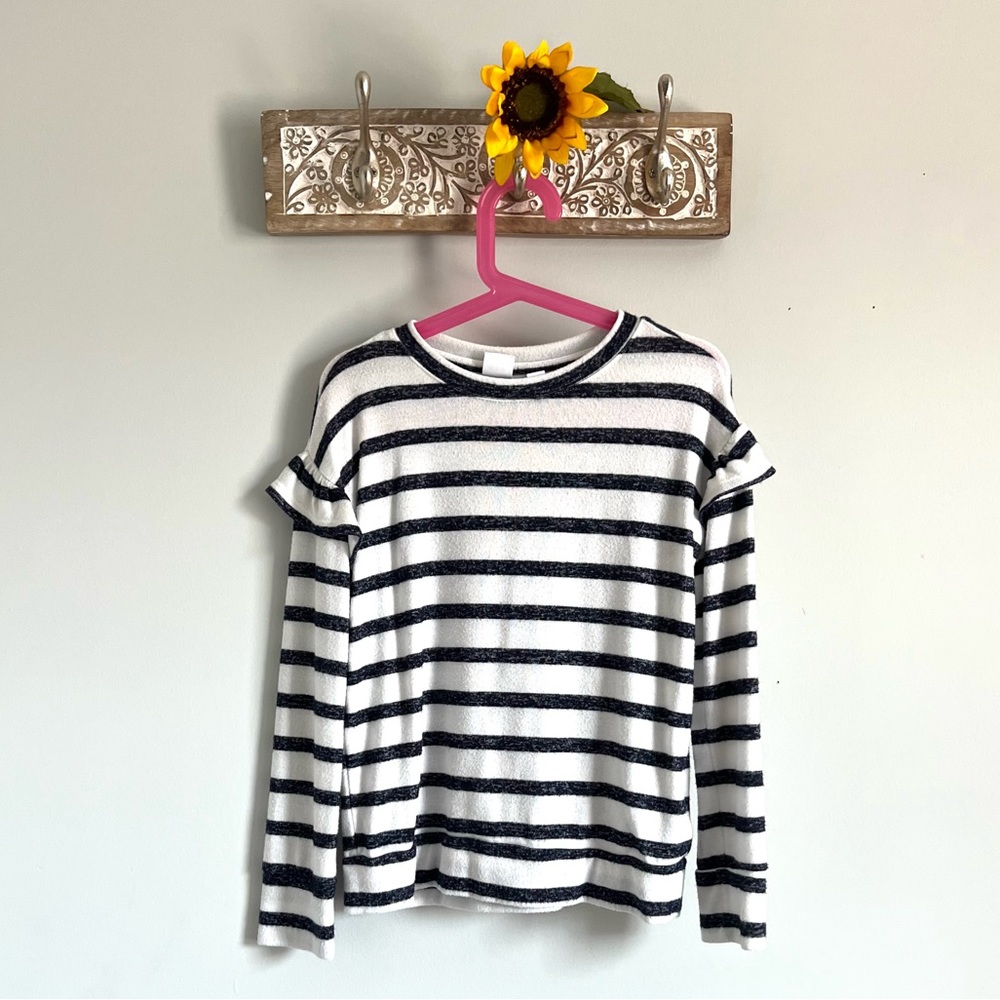 GAP Kids Soft Spun Blue & White Stripe Ruffle Sleeve Sweater - Size Small (6-7)